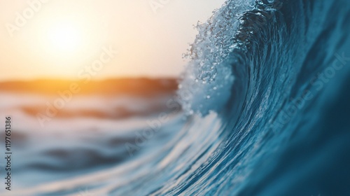Fototapeta Naklejka Na Ścianę i Meble -  Close-up of an ocean wave breaking at sunset, showing texture and light.
