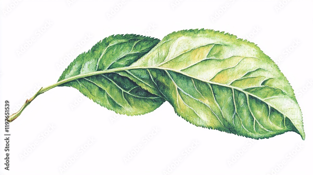Obraz premium single peach leaf on a branch, caught in a gentle breeze, showing the fine veins and soft green edges. Peach leaves 