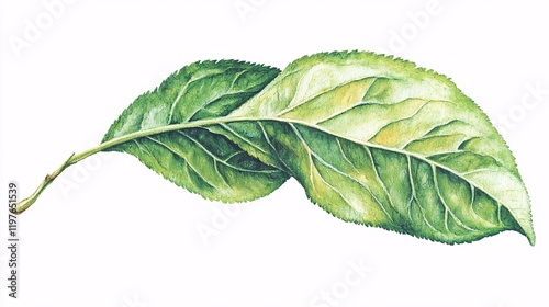 single peach leaf on a branch, caught in a gentle breeze, showing the fine veins and soft green edges. Peach leaves  photo