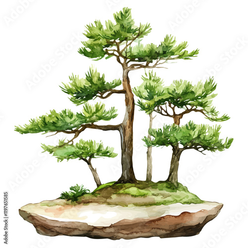 A watercolor clipart of a Japanese larch bonsai, isolated on a white background. Bonsai vector.
