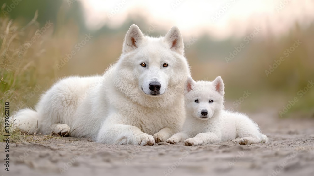 White husky parents with puppy in field, sunset. Pet adoption poster White husky parents with puppy in field, sunset. Pet adoption poster