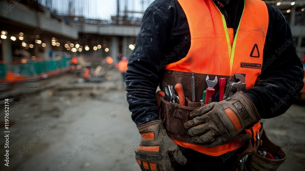 Close-Up of Worker with Open Tool Belt Holding Tools, Construction Site Background, Carpentry, Craftsmanship, Industrial, Labor, Safety Close-Up of Worker with Open Tool Belt Holding Tools, Construction Site Background, Carpentry, Craftsmanship, Industrial, Labor, Safety