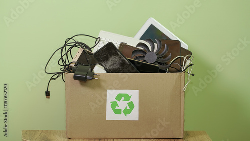 Paper Box with Sing Recycling, Old Electronic waste, phones, tablets, gadget devices for recycling. Planned Obsolescence, e-waste, electronic waste for Reuse Recycle Concept