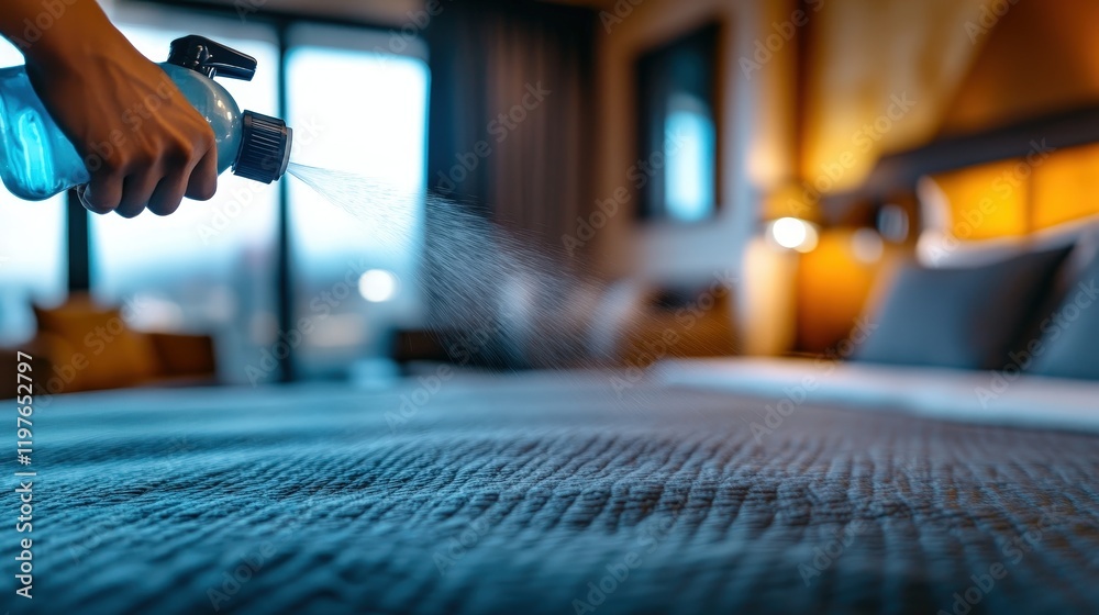 This image showcases a person's hand spraying cleaning solution on a hotel bed, symbolizing cleanliness and hospitality, with soft natural light accentuating the scene. This image showcases a person's hand spraying cleaning solution on a hotel bed, symbolizing cleanliness and hospitality, with soft natural light accentuating the scene.