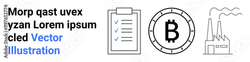 Checklist with checkmarks, Bitcoin symbol, industrial factory, and text. Ideal for finance, cryptocurrency, industrial economy, audits, task management, factories, digital assets. Landing page