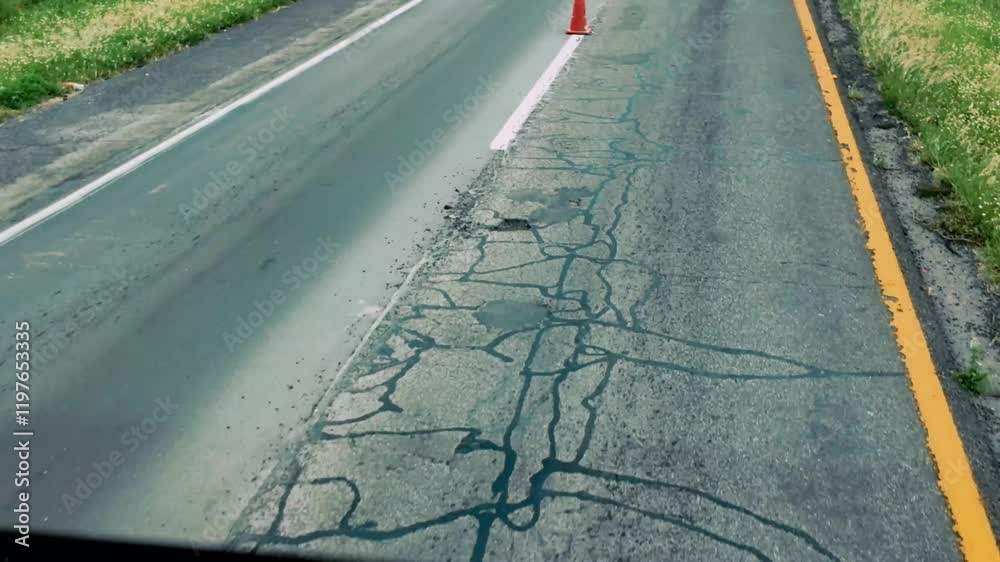 Cracked highway surface with traffic cone marking repair site in Mexico Cracked highway surface with traffic cone marking repair site in Mexico