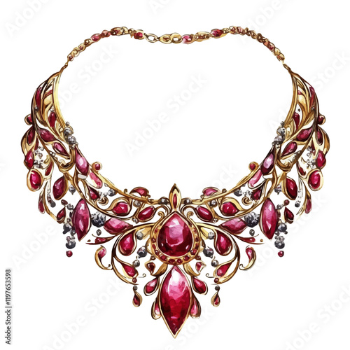 A watercolor of an intricate ruby and gold choker necklace, isolated on a white background. Necklace vector.
