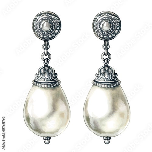 A watercolor of intricate pearl drop earrings, isolated on a white background. Earrings vector.
