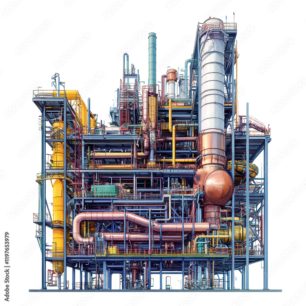A detailed view of a large industrial factory filled with complex pipes and tubes in a modern manufacturing facility, a huge factory with many pipes and tubes in it, transparent background. A detailed view of a large industrial factory filled with complex pipes and tubes in a modern manufacturing facility, a huge factory with many pipes and tubes in it, transparent background.