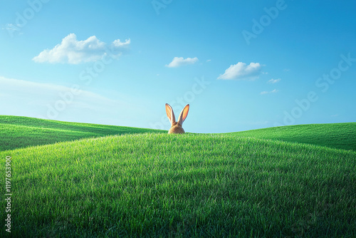 The Easter bunny's ears are sticking out in the green grass behind the hill. Generated by artificial intelligence