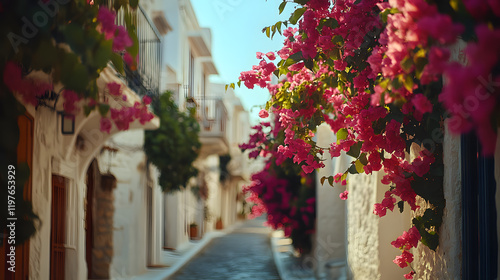 Fototapeta Naklejka Na Ścianę i Meble -  A photo of the vibrant bougainvillea flowers draping over whitewashed buildings in Paros, with narrow cobblestone streets below, during a sunny day
