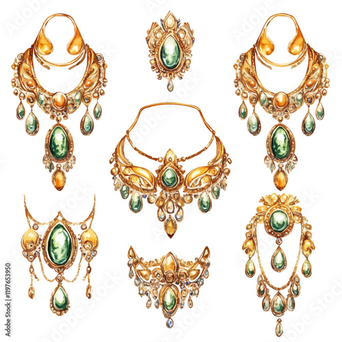 A watercolor of an intricate gold jewelry set, isolated on a white background. Jewelry vector.
