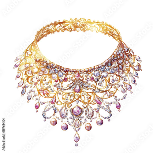 A watercolor of an intricate diamond choker necklace, isolated on a white background. Necklace vector.

