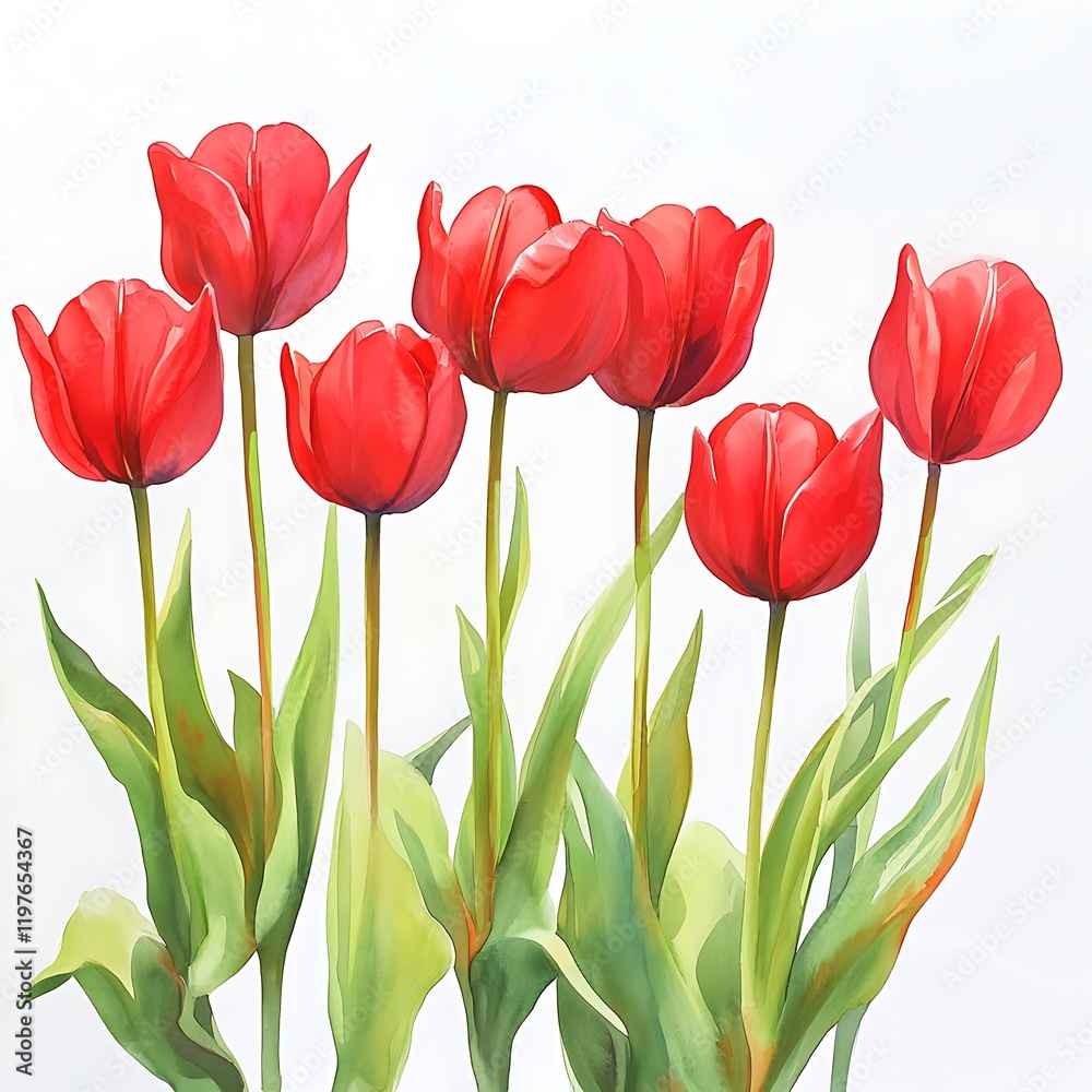 Crimson Tulips: A vibrant bouquet of six crimson tulips, their petals displaying rich, deep red hues, stand tall with lush green leaves against a bright backdrop. Their stems, strong and elegant. Crimson Tulips: A vibrant bouquet of six crimson tulips, their petals displaying rich, deep red hues, stand tall with lush green leaves against a bright backdrop. Their stems, strong and elegant.