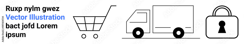 Shopping cart, delivery truck, and lock icon representing e-commerce and logistics process. Ideal for online shopping, delivery services, security, logistics, ecommerce platforms, digital Shopping cart, delivery truck, and lock icon representing e-commerce and logistics process. Ideal for online shopping, delivery services, security, logistics, ecommerce platforms, digital