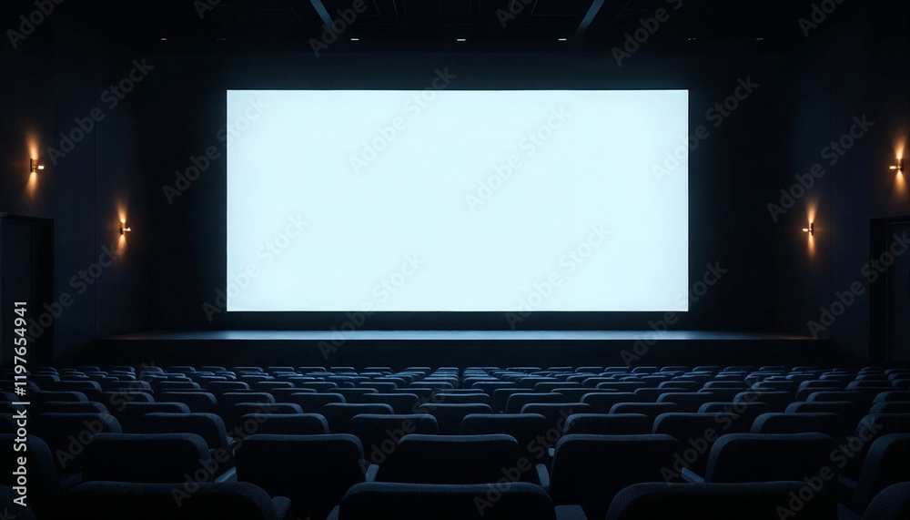 Obraz premium A serene, modern cinema hall with plush seats and a large white screen, exuding sophistication.