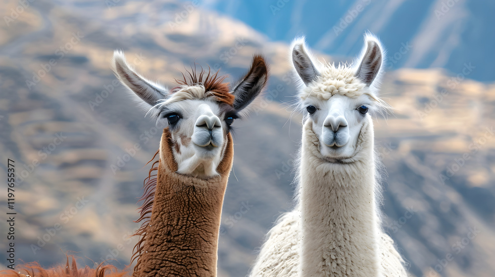 Obraz premium Detailed Comparison: Llama Versus Alpaca in their Natural Habitats