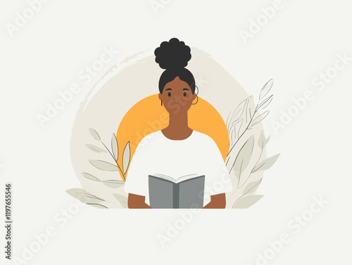 Young woman reading a book with a calm expression against a light background and greenery