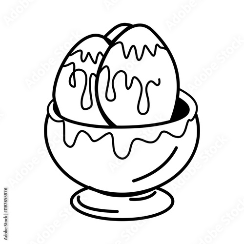 Caramel eggs dessert icon in sketchy style