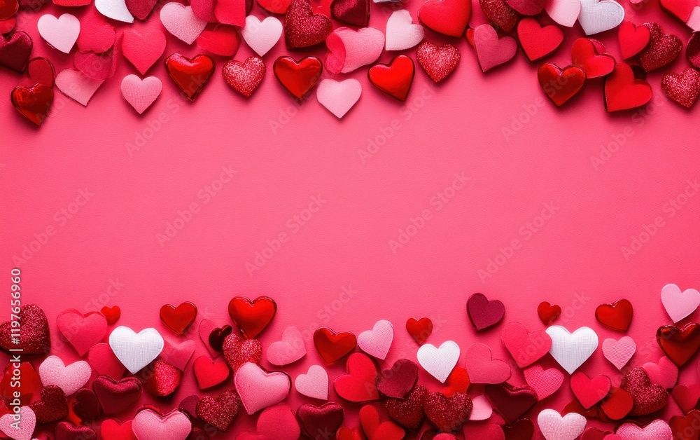 A playful array of hearts adorns a soft pink canvas, framed by a vibrant red border, capturing the essence of love and celebration on Valentine's Day. A playful array of hearts adorns a soft pink canvas, framed by a vibrant red border, capturing the essence of love and celebration on Valentine's Day.