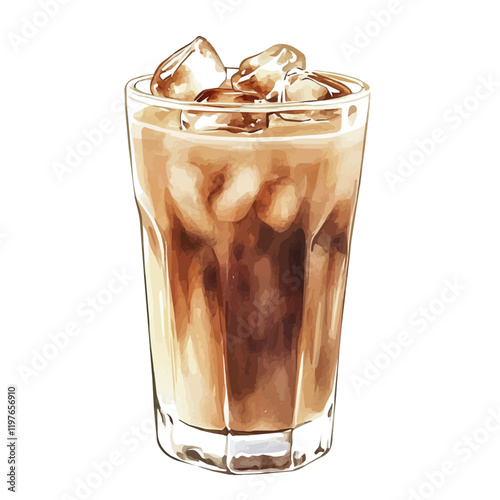 A watercolor illustration of an iced coffee latte in a glass, isolated on a white background. Iced coffee latte vector.
