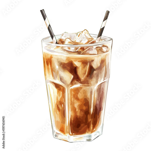 A watercolor illustration of an iced coffee latte in a glass, isolated on a white background. Iced coffee latte vector.
