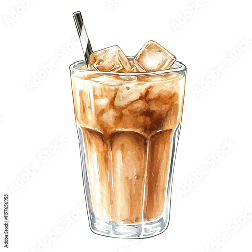 A watercolor illustration of an iced coffee latte in a glass, isolated on a white background. Iced coffee latte vector.
