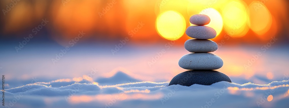Obraz premium Balanced Stone Tower in Zen Aesthetic with Light-Filled Background, Tranquility, Mindfulness, Nature, Harmony, Meditation