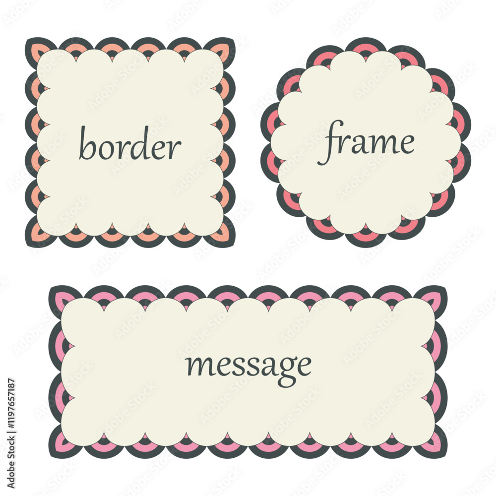 Decorative geometric frame set. Square, circle, rectangle shapes background. Pink tones colour palette, black line contour, white text space, modern graphic, vintage style. Cute vector illustration