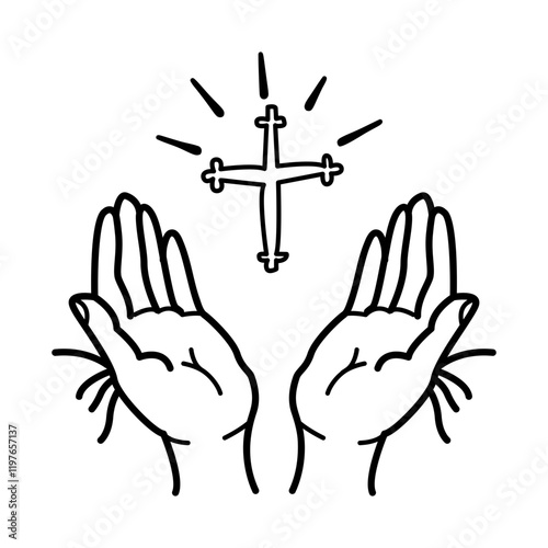 Praying jesus hands with cross symbol, doodle icon