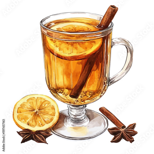 A watercolor of a hot toddy in a mug, isolated on a white background. Hot toddy vector.
