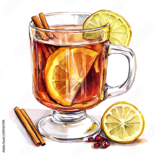 A watercolor of a hot toddy in a mug, isolated on a white background. Hot toddy vector.
