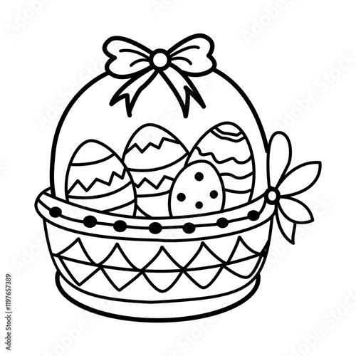 Doodle icon of an easter hamper filled with decorated eggs and a bow.