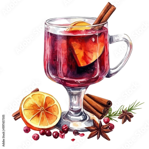 A watercolor drawing of a glass of hot mulled wine, isolated on a white background. Hot mulled wine vector.
