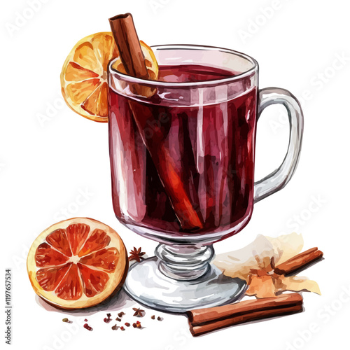 A watercolor drawing of a glass of hot mulled wine, isolated on a white background. Hot mulled wine vector.
