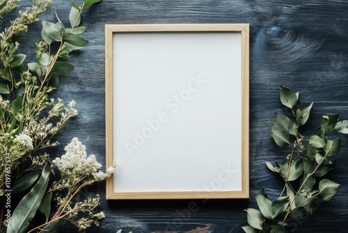 Clean mock up frame surrounded by greenery on a rustic wooden background for creative text placement. Generative AI photo