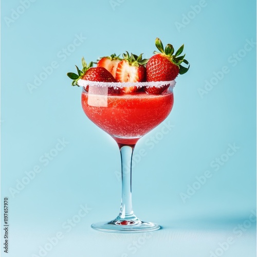 Refreshing strawberry margarita in a coupe glass, garnished with fresh strawberries and sugared rim, on a light blue background.