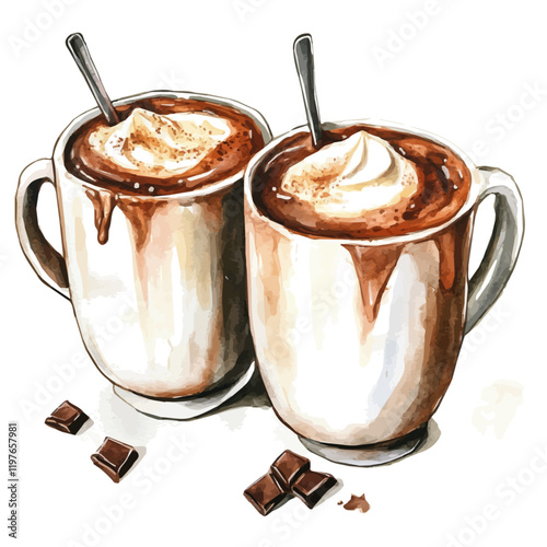 A watercolor illustration of various hot chocolate drinks, isolated on a white background. Hot chocolate drinks vector.

