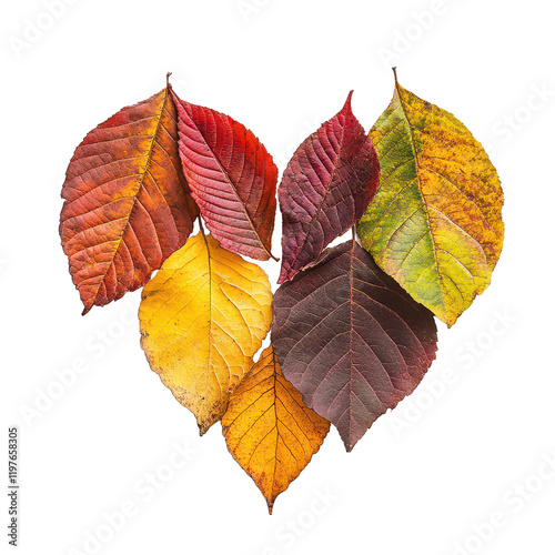 Autumn leaves arranged in a heart shape on a transparent background showcasing fall s vibrant colors, Autumn leaf heart shape on transparent background photo