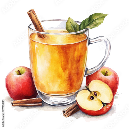 A watercolor drawing of a cup of hot apple cider, isolated on a white background. Hot apple cider vector.
