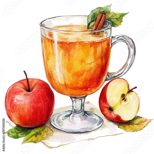 A watercolor drawing of a cup of hot apple cider, isolated on a white background. Hot apple cider vector.
