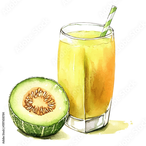 A watercolor drawing of a glass of honeydew juice, isolated on a white background. Honeydew juice vector.
