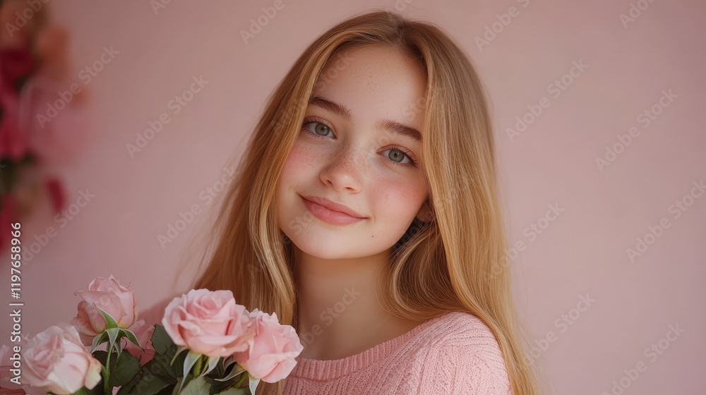 A beautiful blond girl with flowing hair beams while cradling a fragrant bouquet of delicate pink roses, radiating love and joy on Valentine's Day. A beautiful blond girl with flowing hair beams while cradling a fragrant bouquet of delicate pink roses, radiating love and joy on Valentine's Day.