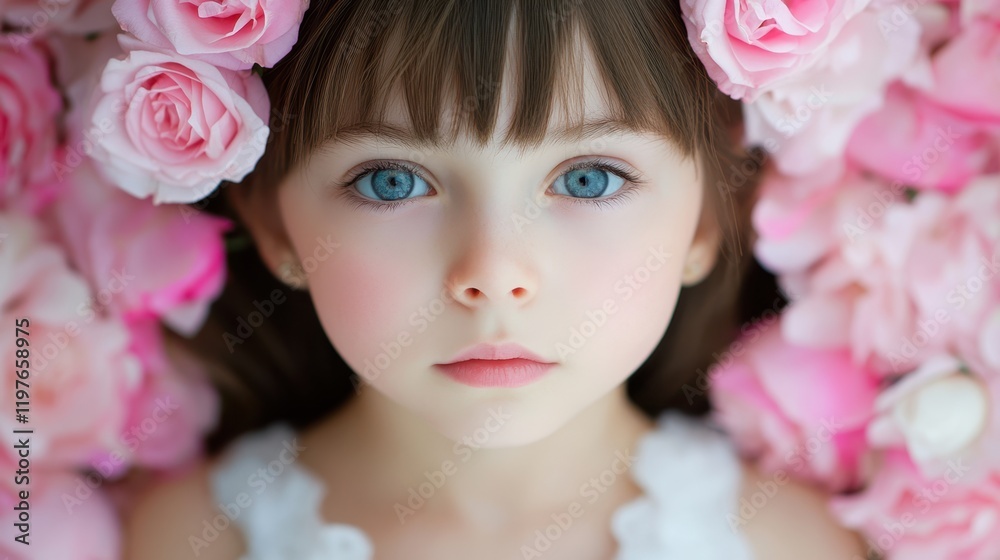 A young girl with sparkling blue eyes in a white dress stands gracefully amidst enchanting pink roses, embodying the essence of love and beauty. A young girl with sparkling blue eyes in a white dress stands gracefully amidst enchanting pink roses, embodying the essence of love and beauty.
