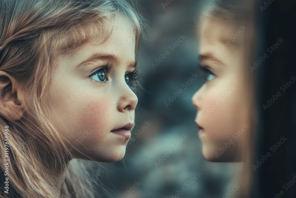 Girl facing reflection, blonde hair, intense gaze. Girl facing reflection, blonde hair, intense gaze.