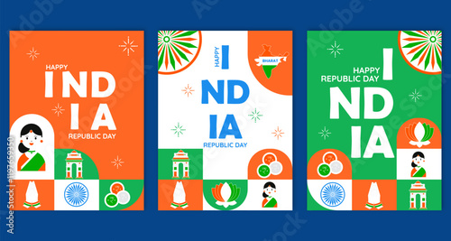 Set of three minimal flat concept design on India Republic Day 26 january. Card, poster and banner design.