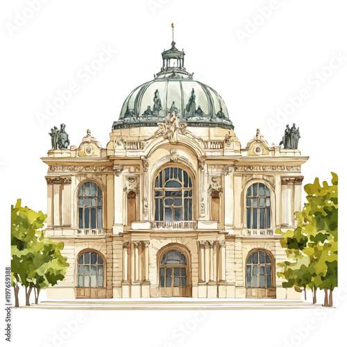 A watercolor drawing of a historic building with classical architecture, isolated on a white background. Classical architecture vector.

