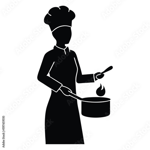 A silhouette of a chef cooking, with utensils and ingredients, captured in a vector design. The figure is dark against a simple background, highlighting culinary action.