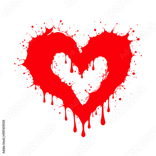 Abstract red heart design with dripping paint splatter edges, set against a clean white background, symbolizing passion and creativity. Valentine's day illustration. photo