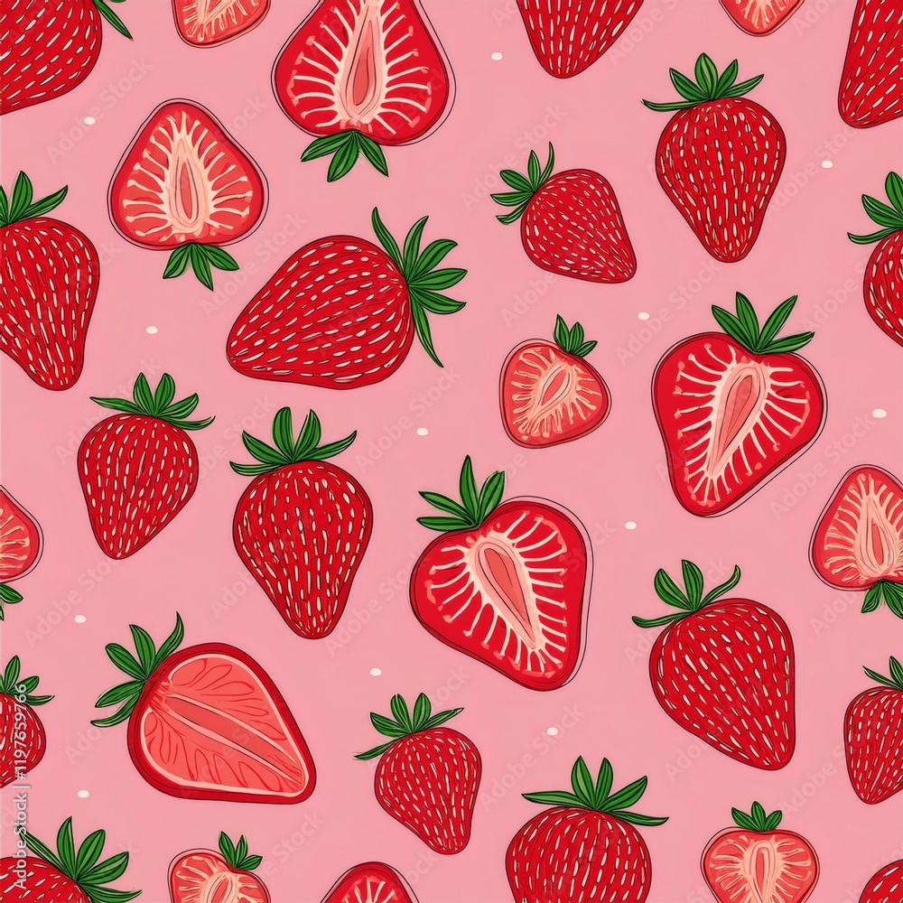 Seamless strawberry pattern featuring whole and halved berries on pink backdrop, perfect for vibrant fruity designs Seamless strawberry pattern featuring whole and halved berries on pink backdrop, perfect for vibrant fruity designs